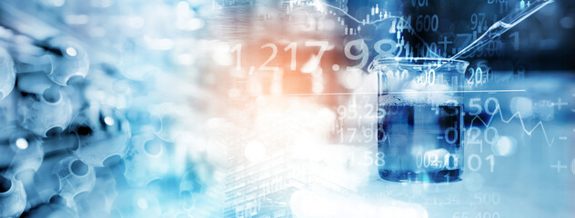 Wall Mural - graph of stock market and drop of water in beaker medical science lab white health science business 