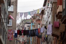 Laundry Hanging Out Of A Typical Istanbul Facade. Beyoglu District.