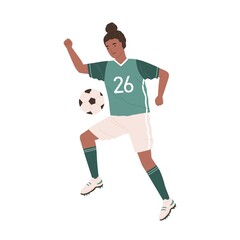 Wall Mural - Young female soccer player kicking ball. African American woman playing football in green sports uniform, boots and stockings. Colorful flat vector illustration isolated on white background