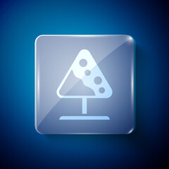 Poster - White Road sign avalanches icon isolated on blue background. Snowslide or snowslip rapid flow of snow down a sloping surface. Square glass panels. Vector.