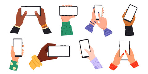 Poster - Set of hands with smartphones. Male and female arms with mobile phones isolated on white background. Vector illustration.