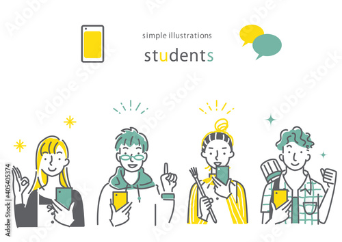 Multiramy スマホを持っている人 笑顔 男女４人セット シンプルでお洒落な線画イラスト