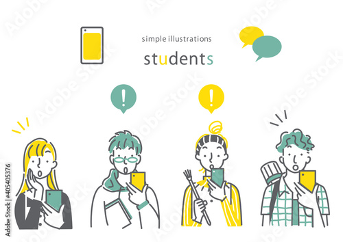 Multiramy スマホを持っている人 笑顔 男女４人セット シンプルでお洒落な線画イラスト