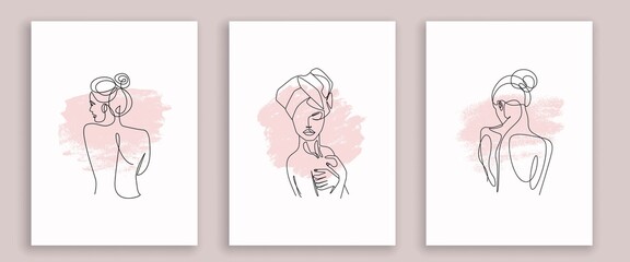 One Line Woman Portrait Prints Set. Creative Contemporary Abstract Line Drawing. Beauty Fashion Female Body. Vector Minimalist Design for Wall Art, Print, Card, Poster.