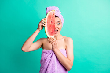 Sticker - Photo of funky cute girl slice watermelon hide half face wear violet towel turban isolated turquoise color background