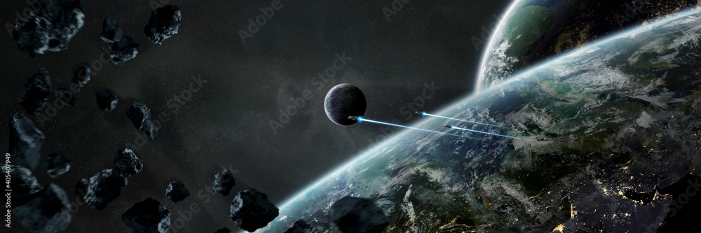 Panoramic space planets background. Panorama of distant solar system with exoplanets 3D rendering elements of this image furnished by NASA - obrazy, fototapety, plakaty 