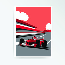 Red Formula Car. F1 Landscape. Speed Racing Tournament. Vector Illustration. Poster Design.
