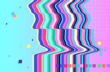 Wall Mural - Glitch screen. Abstract background. Pattern. Vector artwork. Trendy retro 80s, 90s style. Print, poster, banner. Blue, black, pink, yellow, green, purple, red colors. Retrowave, synthwave, rave, vapor