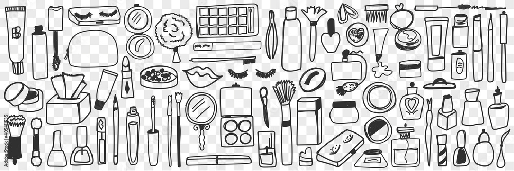 Make up tools and cosmetics doodle set. Collection of hand drawn ...