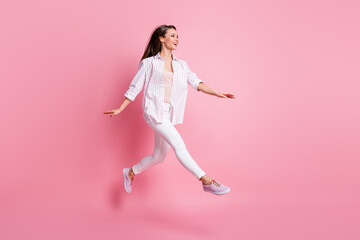 full length photo of cute charming young woman dressed casual white clothes jumping isolated pastel 