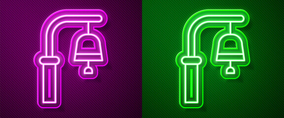 Poster - Glowing neon line Train station bell icon isolated on purple and green background. Vector.