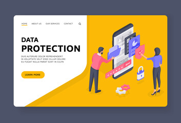 Poster - People using protected data man browsing folder while woman checking files on smartphone isometric vector illustration