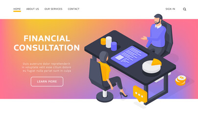 Poster - Woman sitting on chair and receiving money management advice from man amidst charts on isometric vector illustration