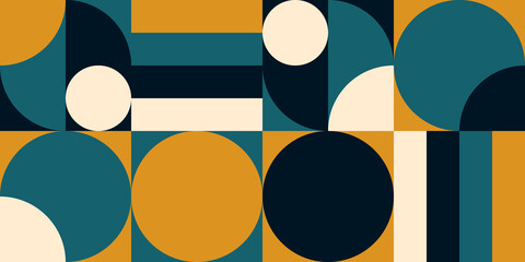 Leinwandbilder - Modern vector abstract  geometric background with circles, rectangles and squares  in retro scandinavian style. Pastel colored simple shapes graphic pattern.