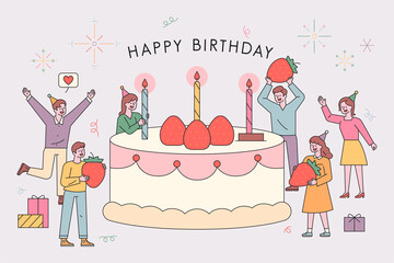 Wall Mural - birthday party post card. friends celebrate with strawberries around a giant birthday cake.