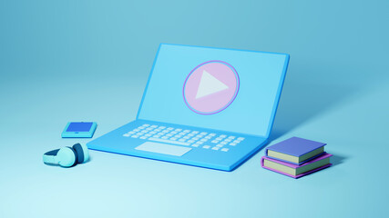 Poster - Digital Online Education. 3d of computer, mobile, book learning on phone, mobile website background. social distance concept. Classroom Online Education internet network.