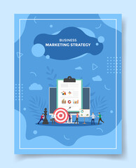Poster - marketing strategy concept people around computer chart clip board chess dart for template of banners, flyer, books cover, magazine with liquid shape flat style