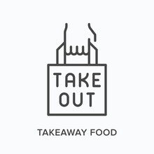 Takeaway Food Flat Line Icon. Vector Outline Illustration Of Hand And Paper Bag. Black Thin Linear Pictogram For Take Out Meal Packaging
