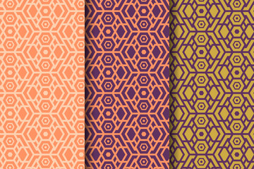 Poster - Set of seamless striped vector pattern of hexagons. Outline style use combination two colors. the selected colors are grey orange, pink purple and gold purple. 
