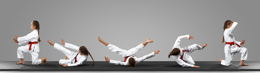 Young judo caucasian female fighter in white kimono with red belt in motion, action during training. Practicing martial arts fighting skills. Overcoming, reaching, self building up. Collage, flyer.