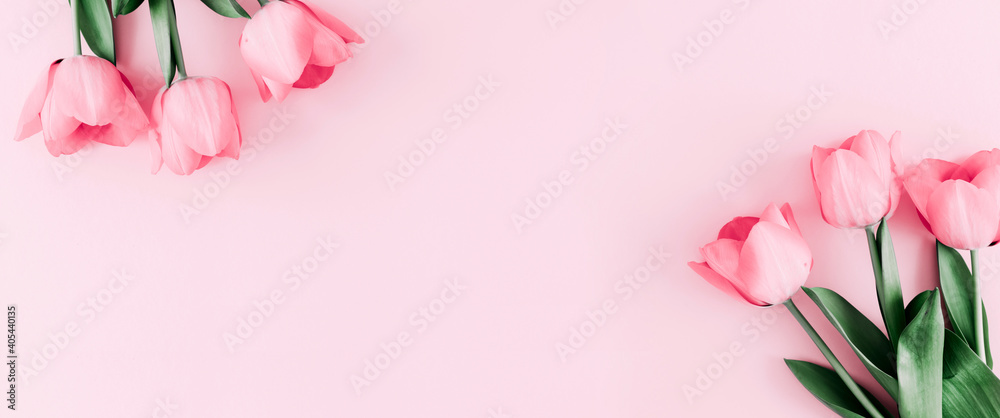 Beautiful composition spring flowers. Bouquet of pink tulips flowers on pastel pink background. Valentine's Day, Easter, Birthday, Happy Women's Day, Mother's Day. Flat lay, top view, copy space - obrazy, fototapety, plakaty 