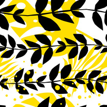 Floral Seamless Pattern With Leaves In Black, White And Yellow, Illustration, Fabrics, Vector, Decorative, Modern Style