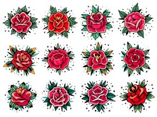 Old School Tattoo Roses Collection. Old School Tattoo Roses Set. Vector Elements Collection. Traditional American Tattoo Flowers.