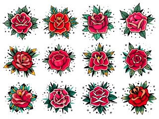 old school tattoo roses collection. Old school tattoo roses set. Vector elements collection. Traditional american tattoo flowers.