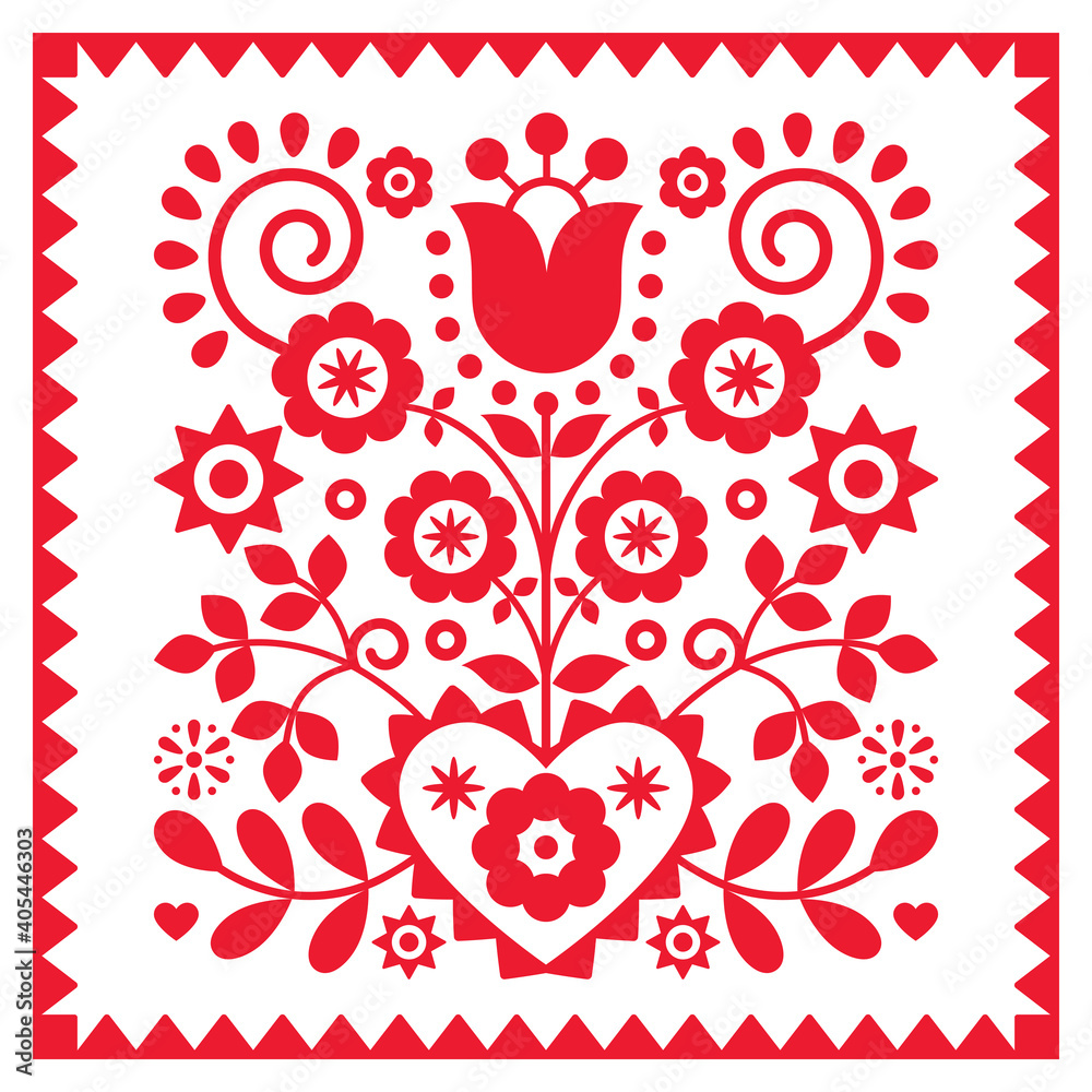 Floral retro folk art vector design in square frame from Nowy Sacz in Poland inspired by traditional highlanders embroidery Lachy Sadeckie
	 - obrazy, fototapety, plakaty 