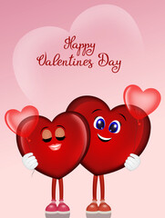 Sticker - postcard for Valentine's day with couple of hearts with heart shaped balloons