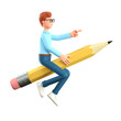 © Rinat Khairitdinov - 3D illustration of creative man flying in air on a big pencil and pointing at direction. Cartoon businessman, isolated on white background.