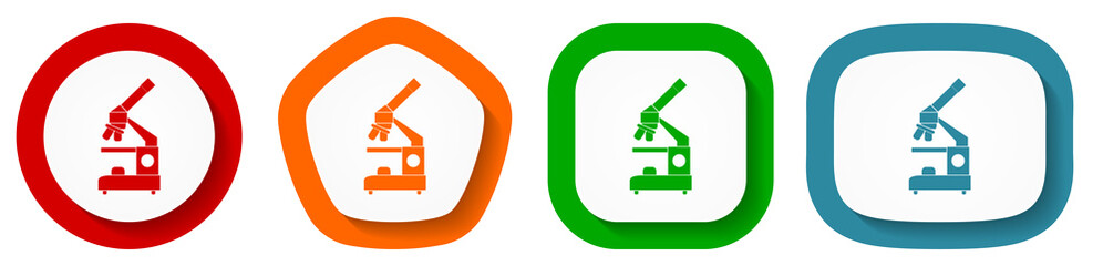 Poster - Microscope, science and research vector icons, set of pentagon, square, oval and circle shape buttons