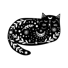 Magical Black Cat With White Floral And Celestial Ornaments. Lunar Witch Aesthetic Vector Illustration. Modern Boho Style Doodle Art