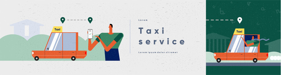 Wall Mural - Taxi service, get a taxi. People and technology in the modern world. Vector illustration. Web size and cover. Minimalistic style for animation and presentations.