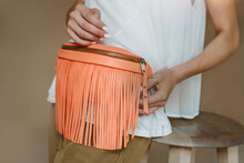 Leather Fringe Bag. Orange Shoulder Bag. Leather Fringe Purse.