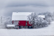 red barn in snow in the small town of Windsor in Broome County in Upstate NY.  White and Red.  Fog heavy in scene.