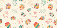 Lovely Hand Drawn Seamless Easter Design, Cute Background With Eggs And Decoration, Great For Banners, Wallpapers, Textiles, Wrapping - Vector Design