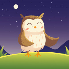 Canvas Print - cute owl bird cartoon animal in the grass night sky