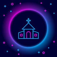 Glowing neon line Church building icon isolated on black background. Christian Church. Religion of church. Colorful outline concept. Vector.