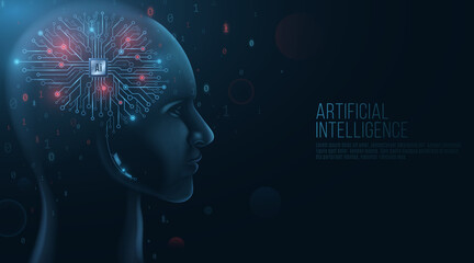 Poster - cyborg face model. futuristic technological brain. computer processor and circuit board. binary code