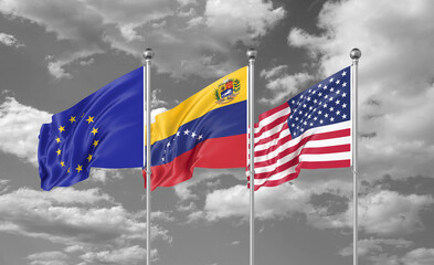 Wall Mural - Three realistic flags. Three colored silky flags in the wind: USA (United States of America), EU (European Union) and Venezuela. 3D illustration.