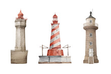 Lighthouses Illustrations Set  Isolated On White Background. Illustration For Stickers, Posters, Fabrics, Cards, Prints.