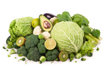 Wall Mural - Group of green vegetables on white background