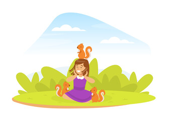 Sticker - Cute Girl Playing with Squirrel on Green Lawn, Kid Interacting with Animal in Petting Zoo Cartoon Vector Illustration