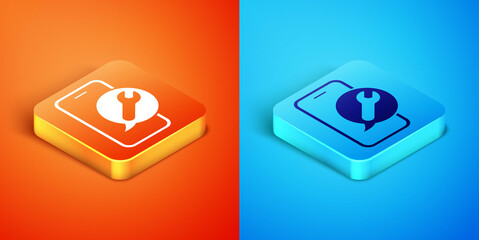 Wall Mural - isometric mobile phone with wrench icon isolated on orange and blue background. adjusting, service, 