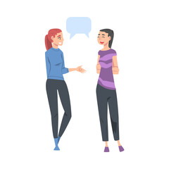 Wall Mural - Two Girls Talking to Each Other with Speech Bubbles, Friends or Colleagues Gossiping, Sharing Impressions Cartoon Style Vector Illustration