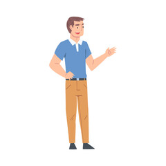 Wall Mural - Man Talking to Someone and Gesturing, Guy Talking or Sharing Impressions Cartoon Style Vector Illustration