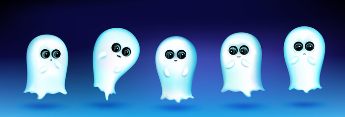 Wall Mural - Cute ghost character with different emotions on blue background. Vector set of cartoon mascot, white phantom smiling, greeting, sad and surprised. Creative emoji set, funny spirit chatbot