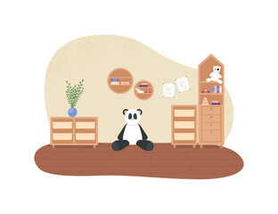 Poster - Children playroom 2D vector web banner, poster. Toys on bookshelf. Plush bear. Kindergarten room flat interior on cartoon background. Preschool classroom printable patch, colorful web element