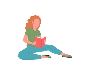Poster - Woman reading book flat color vector faceless character. Student learning with textbook. Kindergarten teacher. Rest and recreation isolated cartoon illustration for web graphic design and animation